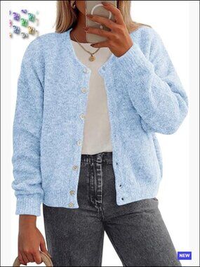 Lightweight Button Down Cardigan Sweater Trendy Loose Fit Crewneck Long Sleeve
